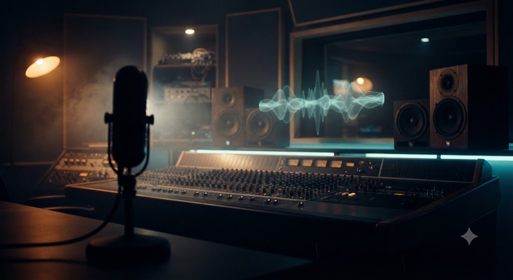 Estudio de sonido con formas de onda de audio de neón brillante
