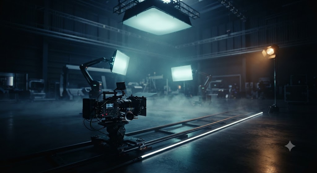 Plató cinematográfico con silueta de cámara y haces de luz neón