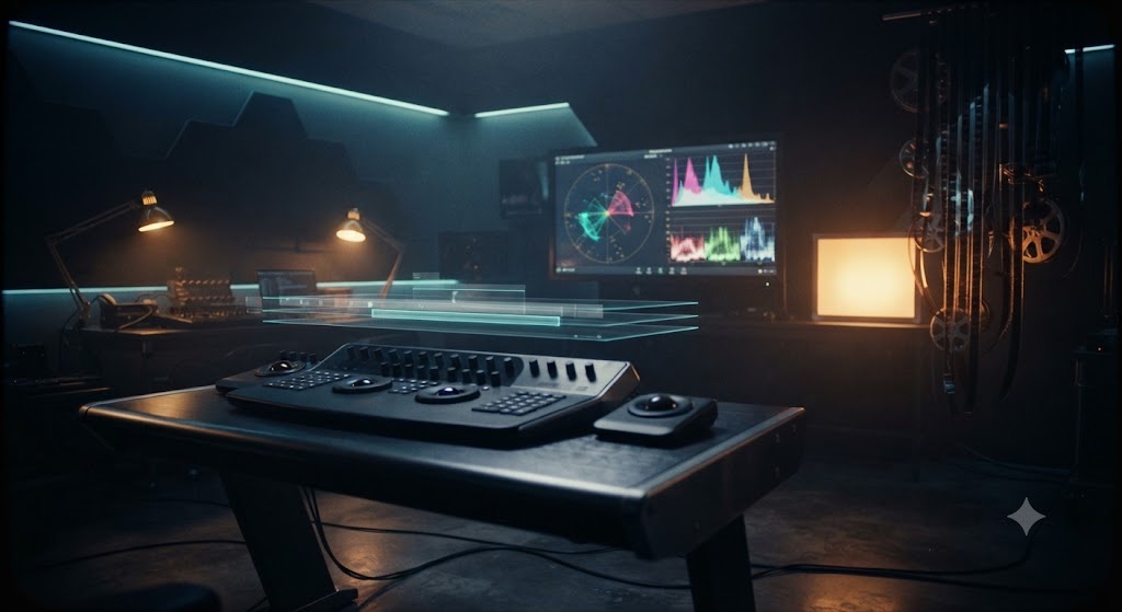 Sala de postproducción con monitores de etalonaje y tiras de película